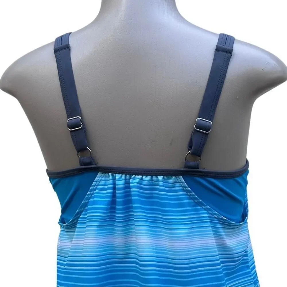 Free Country Swim Tankini Top Women's Medium Blue Striped Blouson Style
